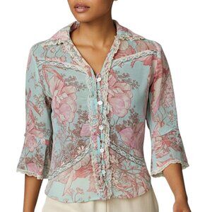 Odille Anthropologie Teal and Pink Vintage Floral Lace Trim Blouse Womens Size 2